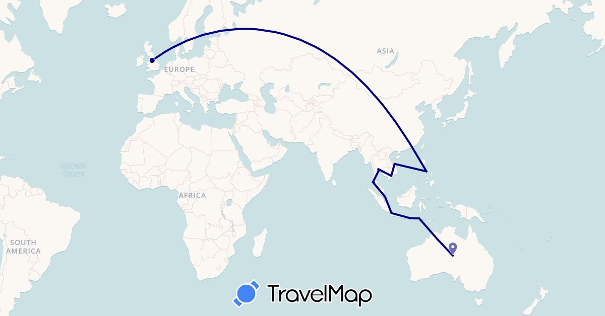 TravelMap itinerary: driving in Australia, United Kingdom, Indonesia, Philippines, Singapore, Thailand, Vietnam (Asia, Europe, Oceania)